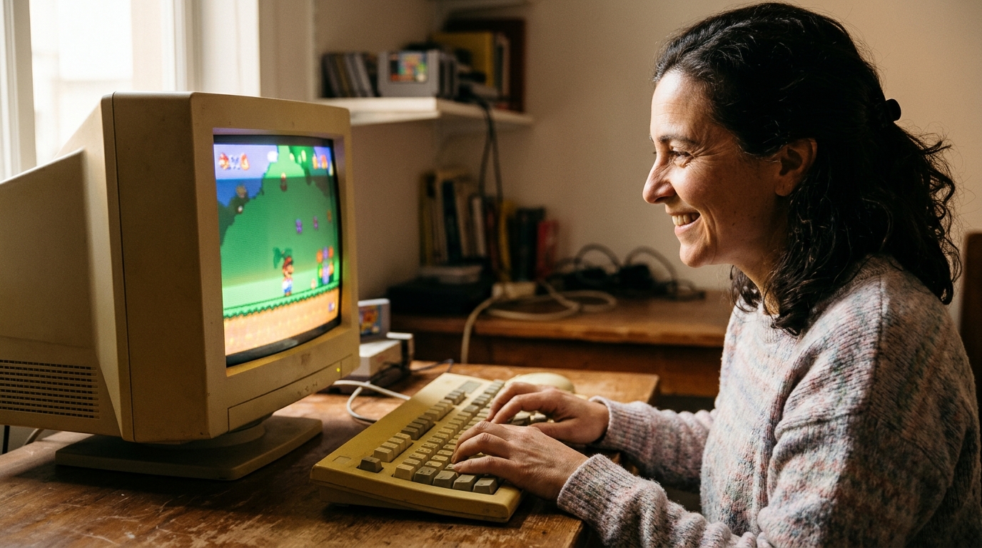 Joueur nostalgique devant un vieil écran cathodique de jeu rétro