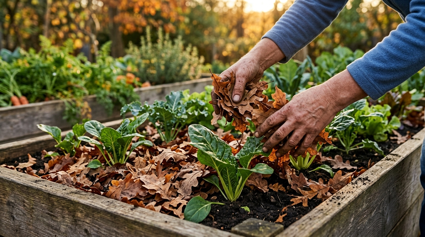 Feuilles mortes étalées en paillage au potager