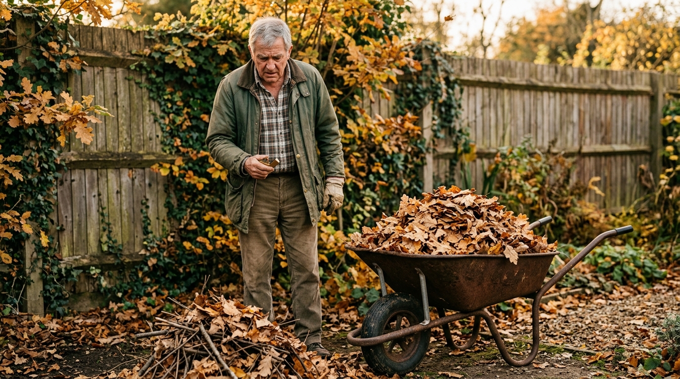 Brouette de feuilles mortes dans un jardin en automne
