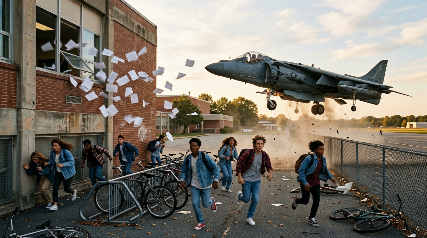 Un avion Harrier se pose devant un lycée américain