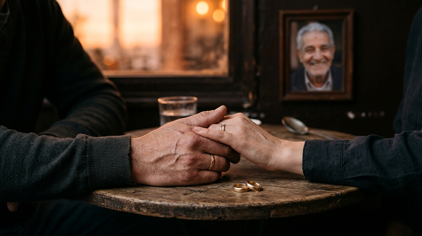 Mains jointes d'un couple avec alliances, photo floue en arrière-plan