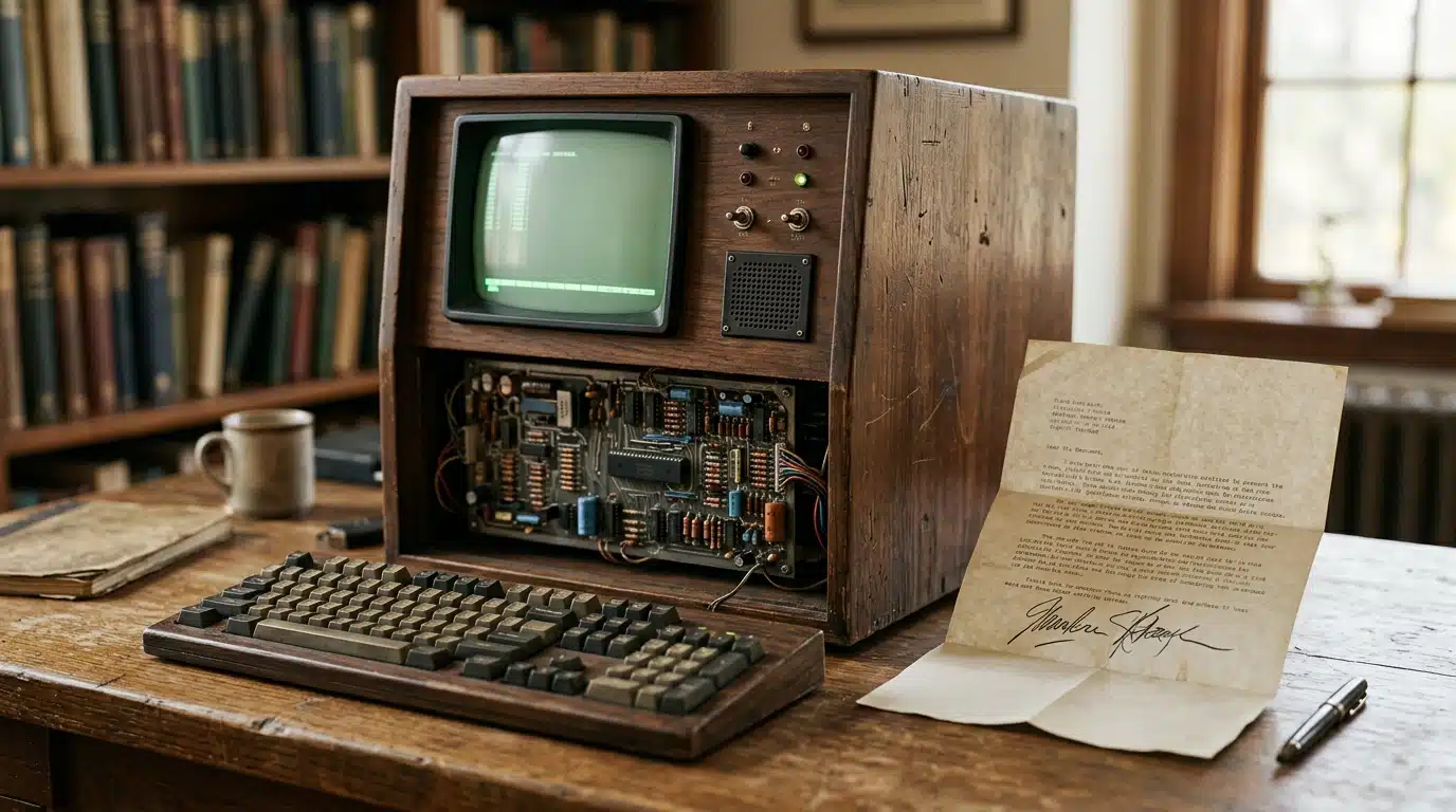 Ordinateur vintage à carte mère apparente près d'une lettre pliée