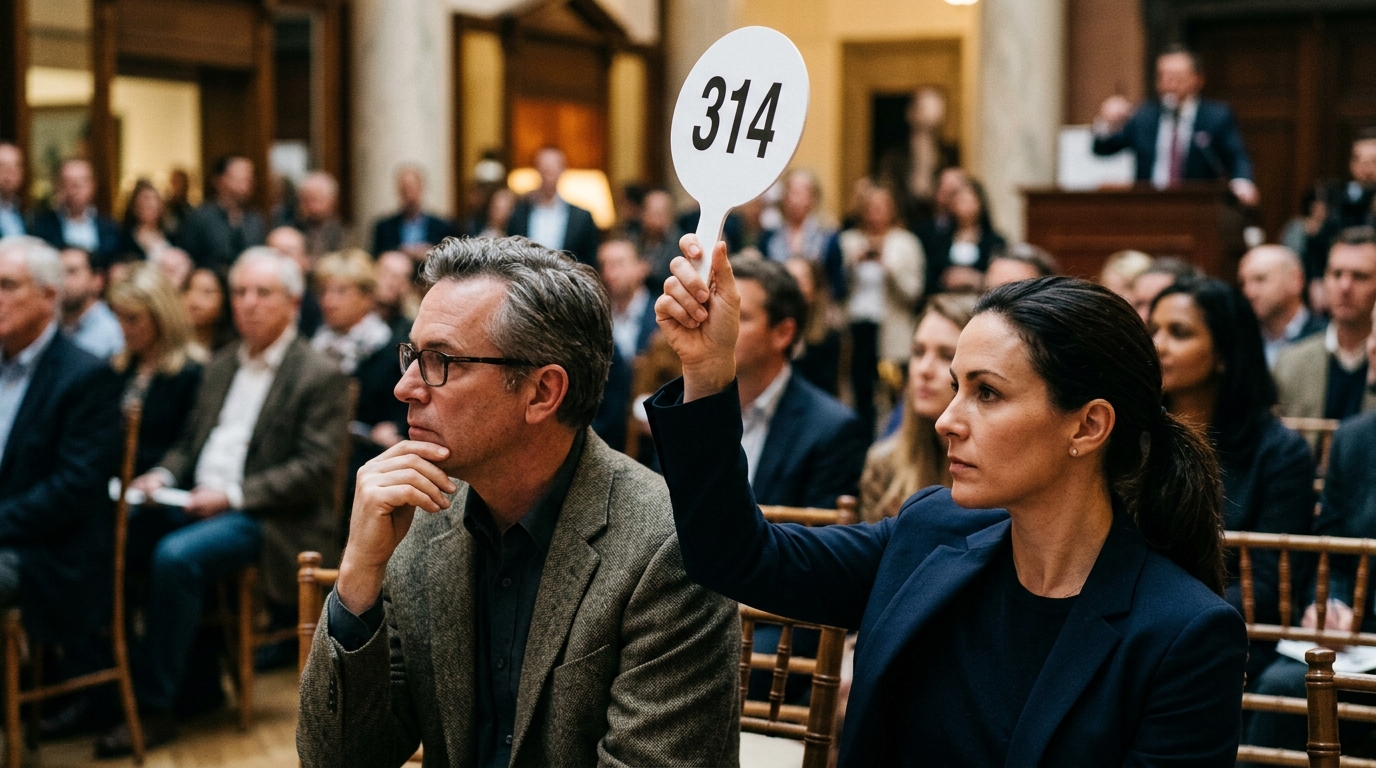 Deux enchérisseurs concentrés dans une salle de vente aux enchères