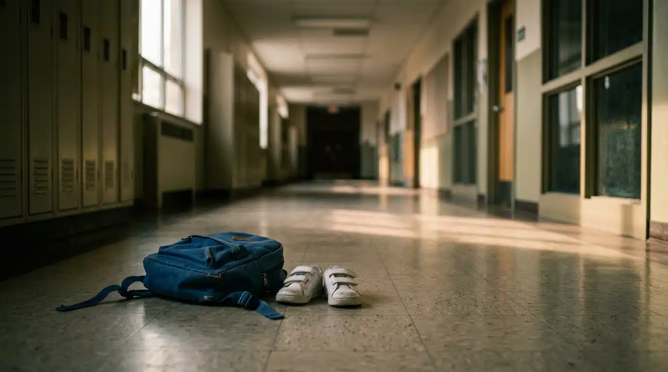 Sac à dos d'enfant abandonné dans un couloir vide