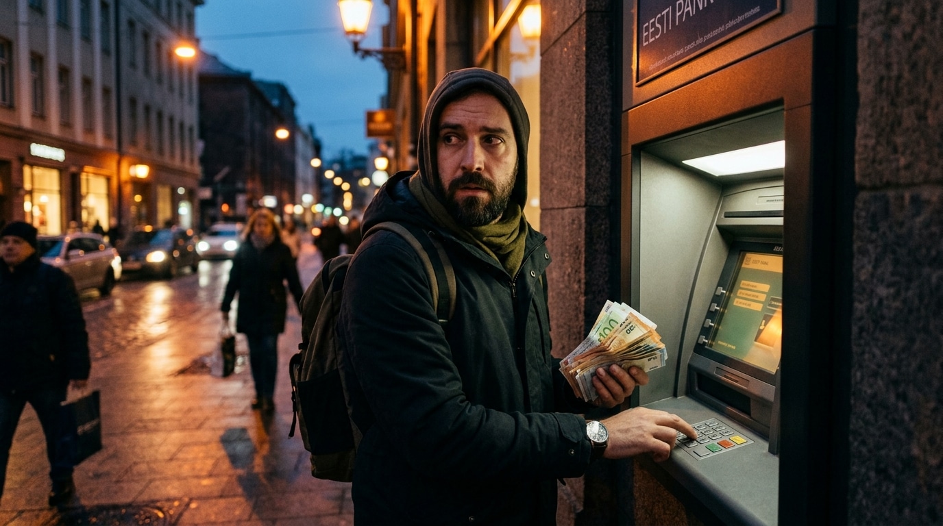 Homme tenant des liasses de billets à un distributeur