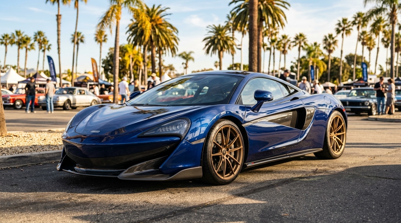 Supercar bleue aux jantes bronze sur parking ensoleillé