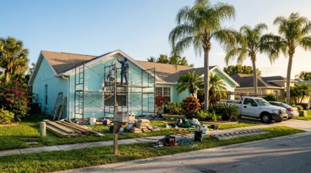 Maison rénovée en Floride avec échafaudage devant la façade