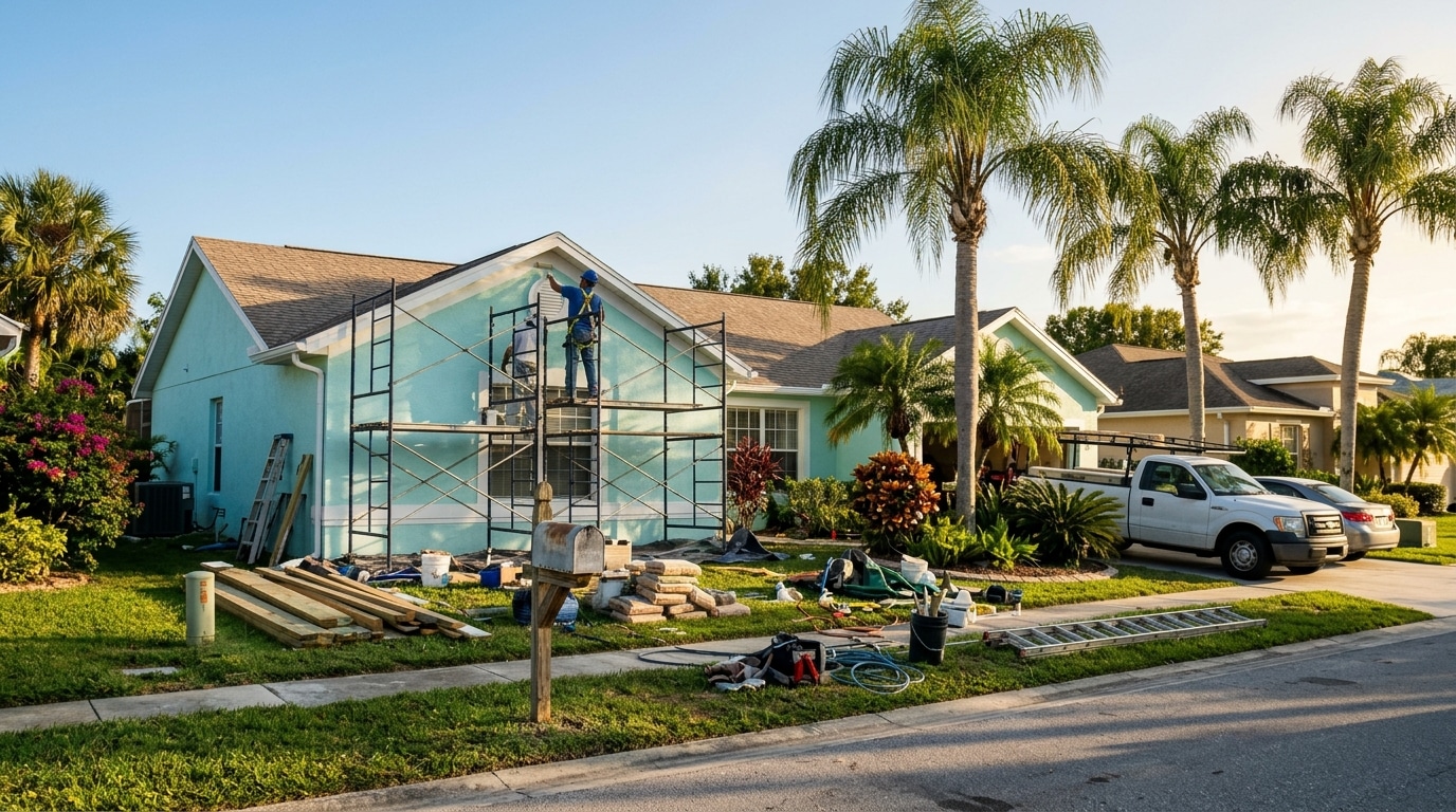 Maison rénovée en Floride avec échafaudage devant la façade