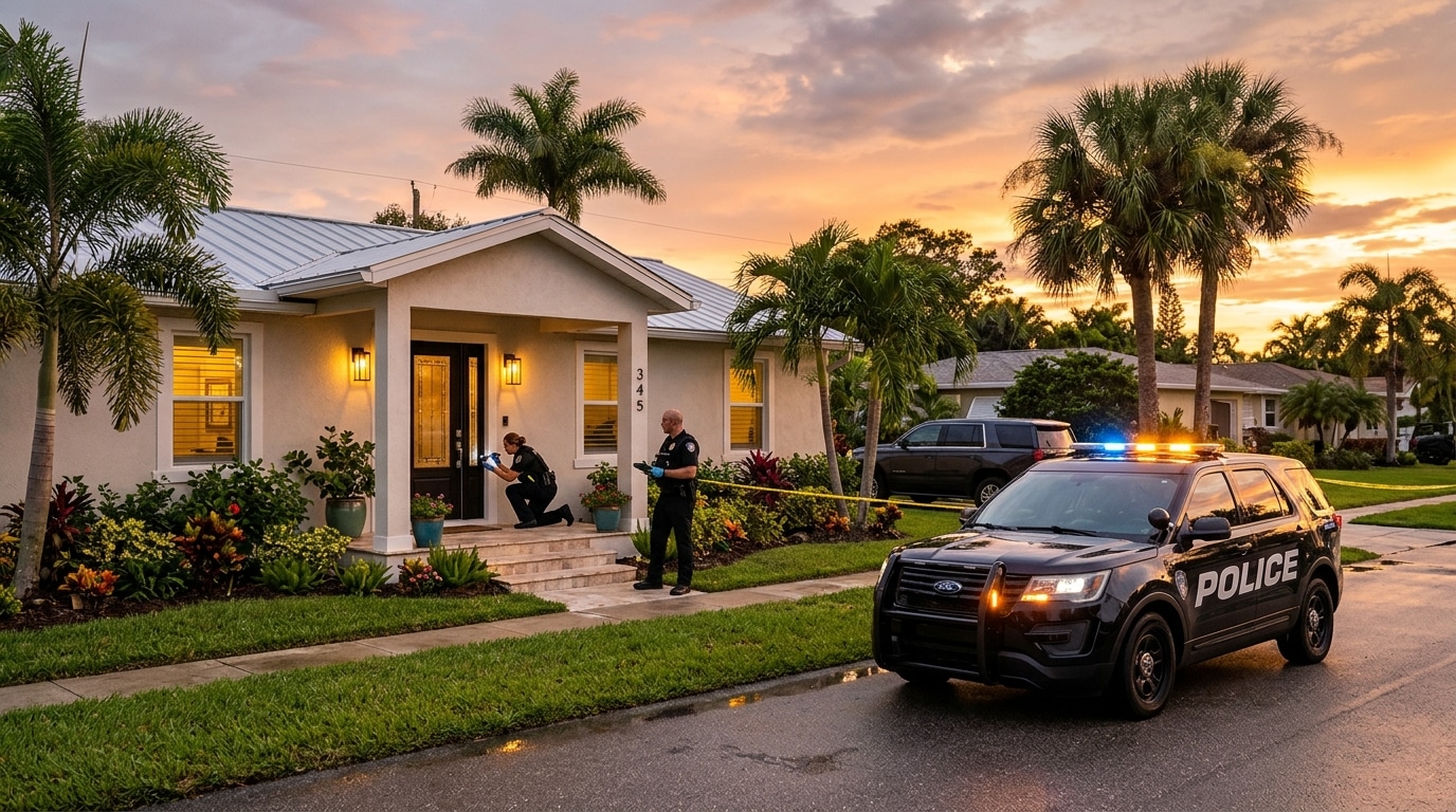Voiture de police devant une maison en Floride au coucher du soleil