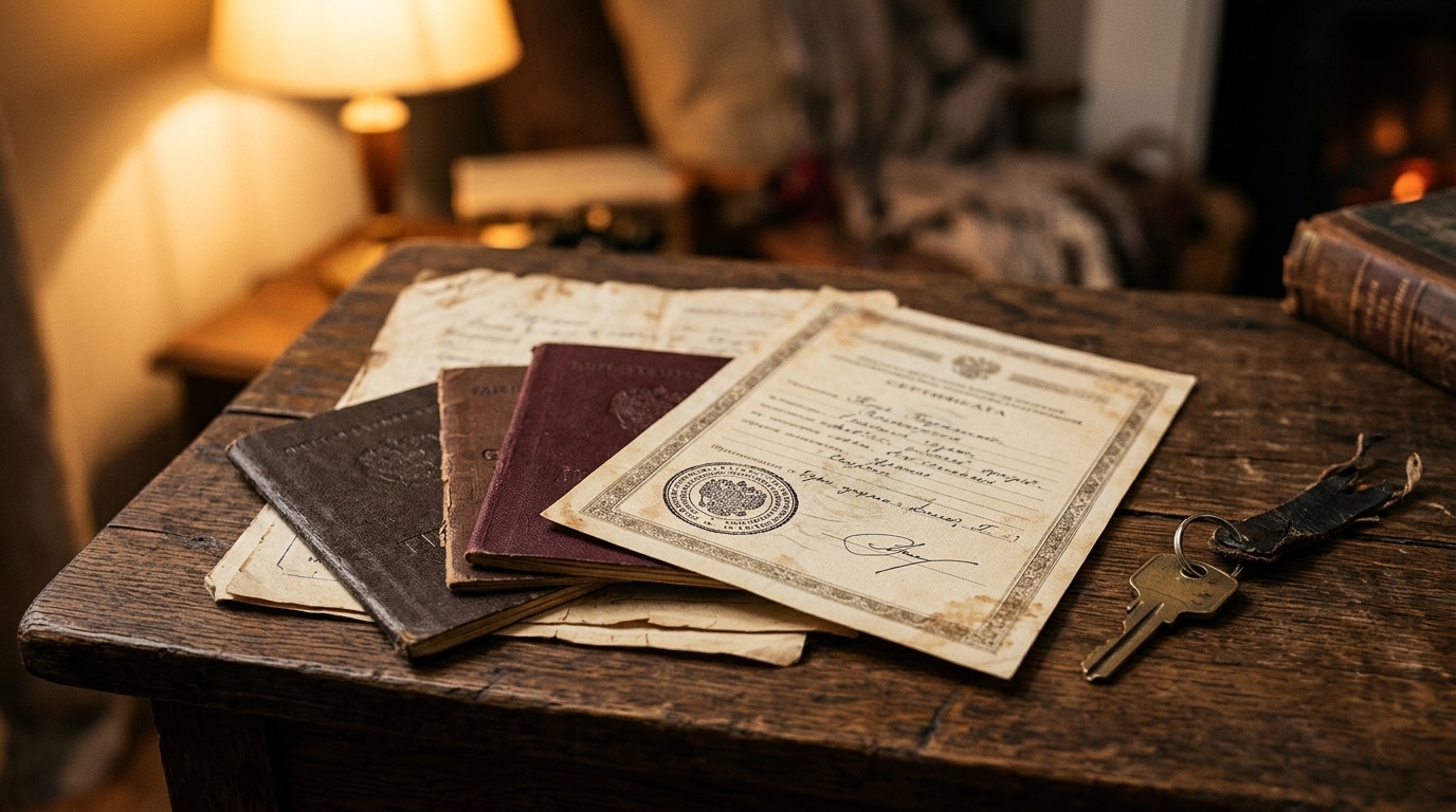 Documents d'identité et clé posés sur une table en bois