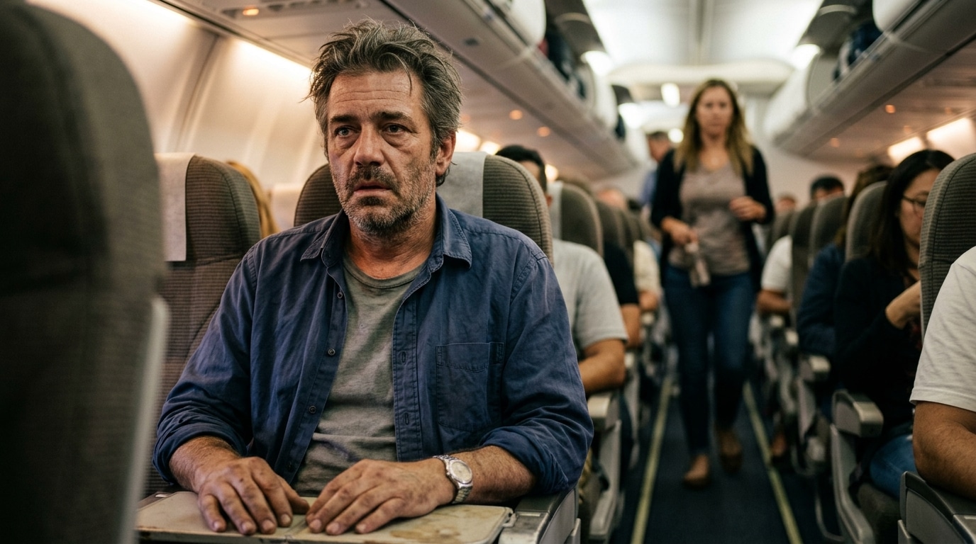 Passager au visage marqué dans une cabine d'avion