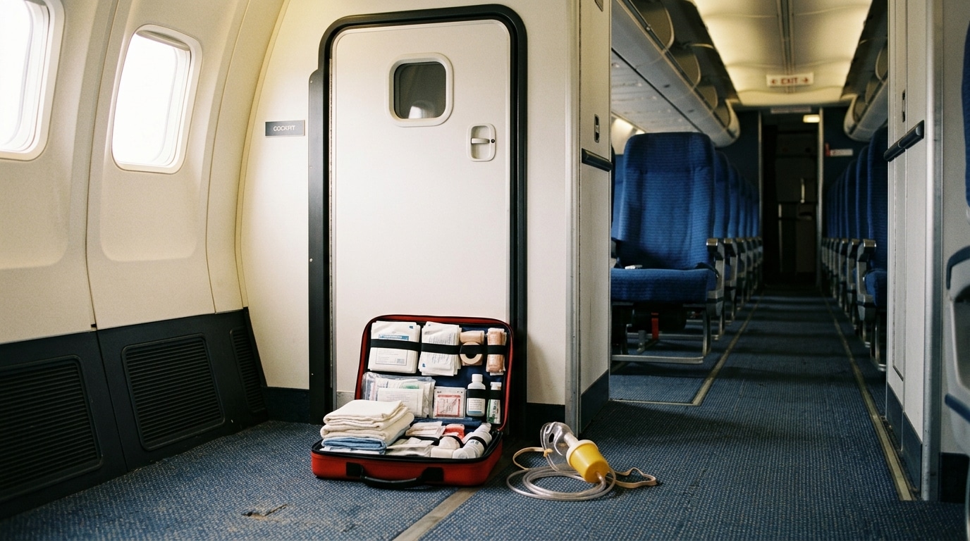 Trousse de secours ouverte devant la porte du cockpit