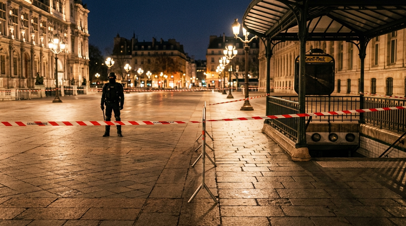 Place parisienne déserte barrée par une rubalise rouge et blanche