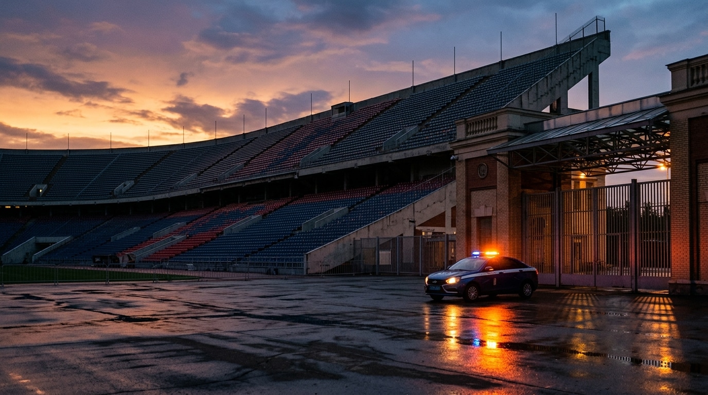 Voiture de police devant un stade au crépuscule