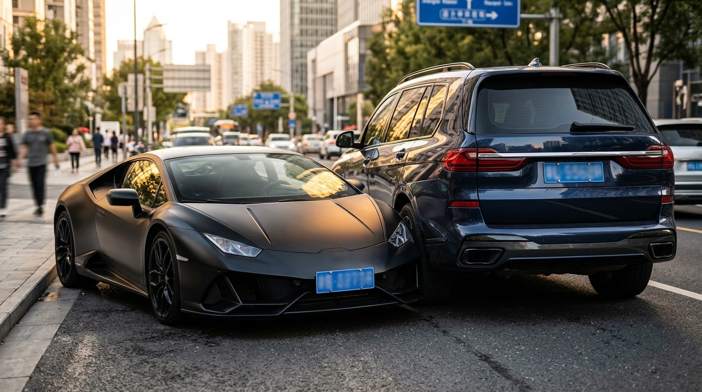 Supercar noire collée à l'arrière d'un gros SUV de luxe