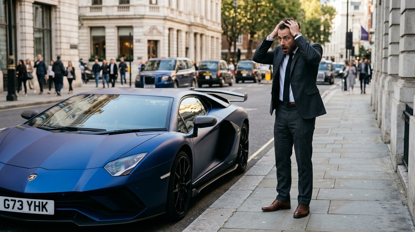 Homme stupéfait, mains sur la tête, à côté d'une supercar