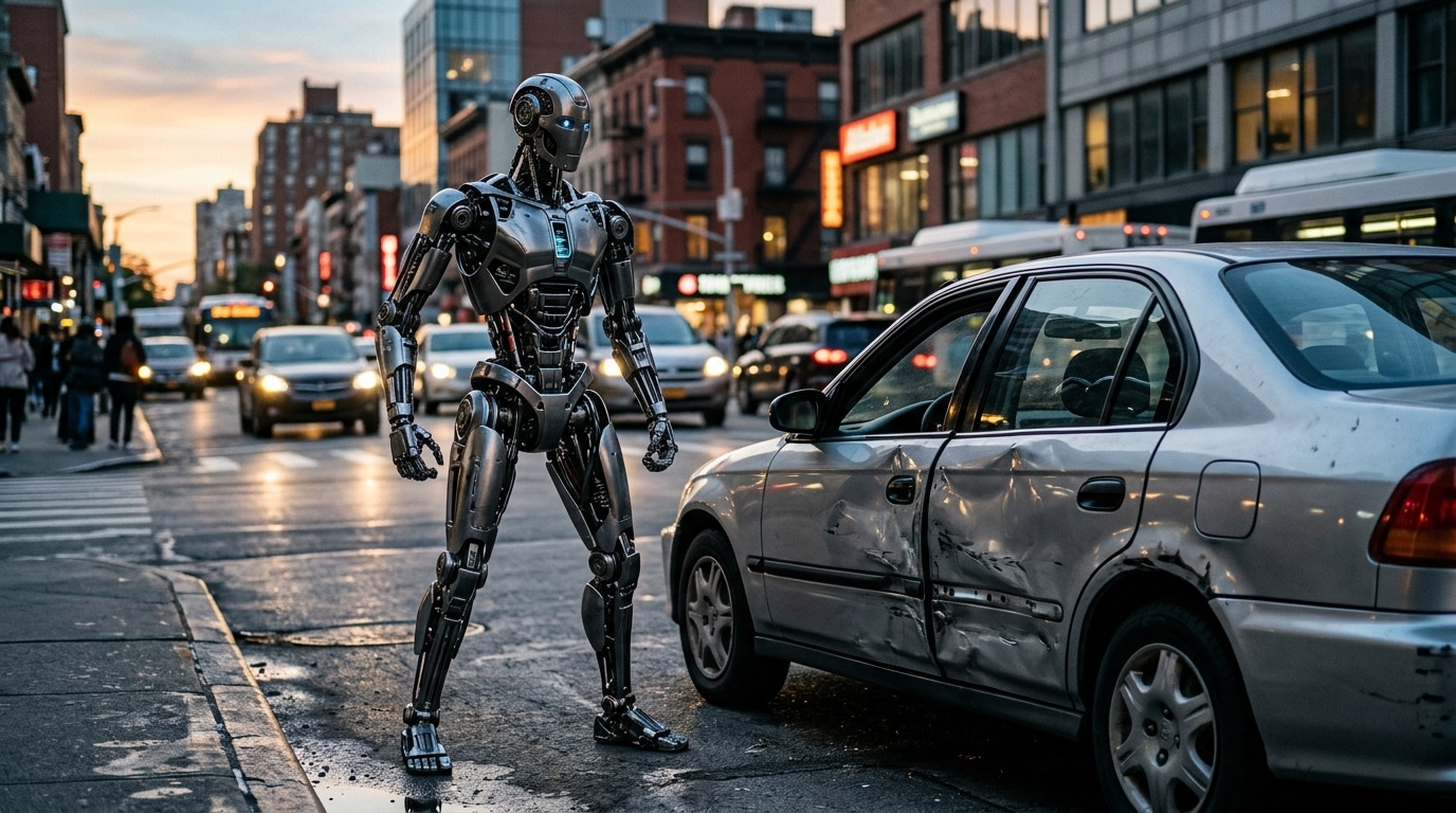 Robot humanoïde en posture protectrice dans une rue