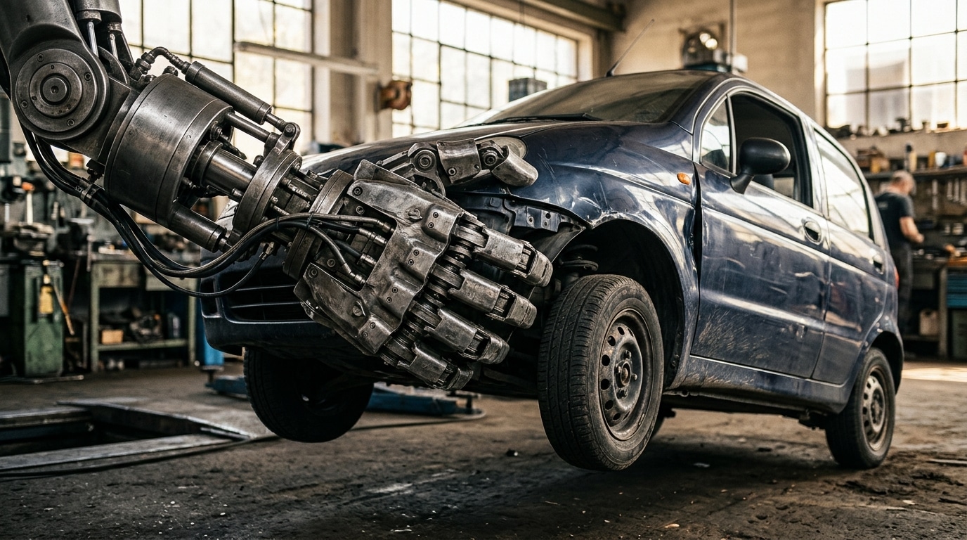 Main métallique de robot soulevant l'avant d'une voiture