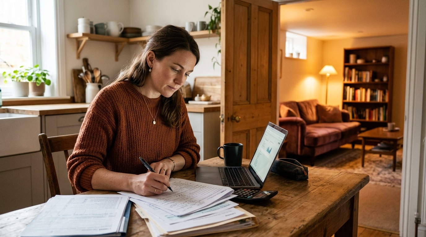 Femme remplissant une déclaration de travaux à la table de sa cuisine