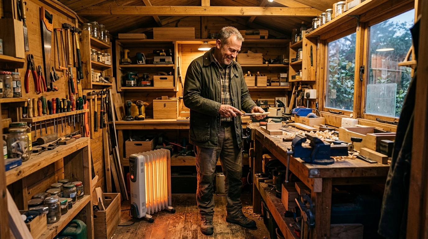 Homme dans son abri de jardin aménagé en atelier chauffé
