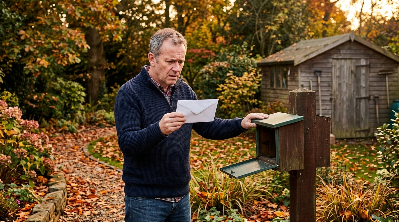 Propriétaire inquiet devant un courrier officiel dans sa boîte aux lettres