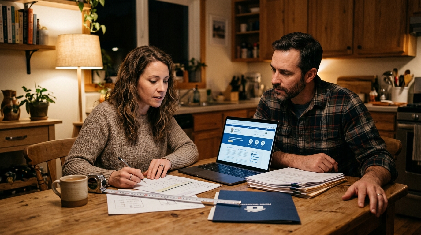 Couple vérifiant des documents administratifs et d'assurance à la maison