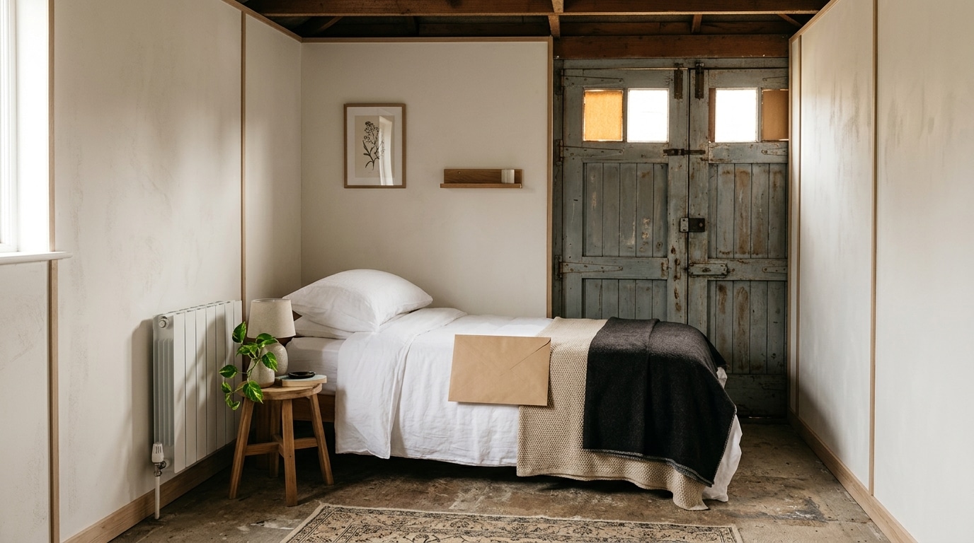 Garage transformé en chambre d'amis avec cloisons neuves