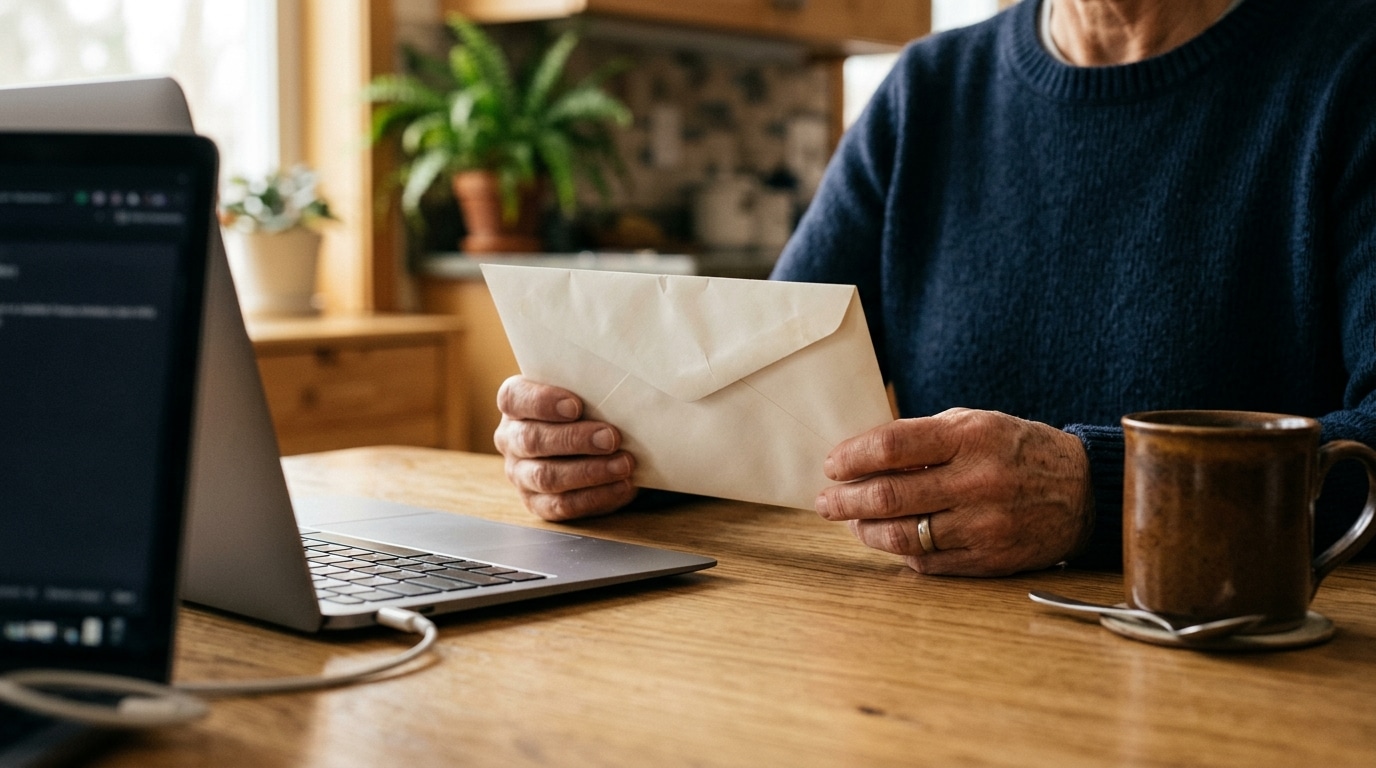 Mains tenant une enveloppe fermée près d'un ordinateur portable