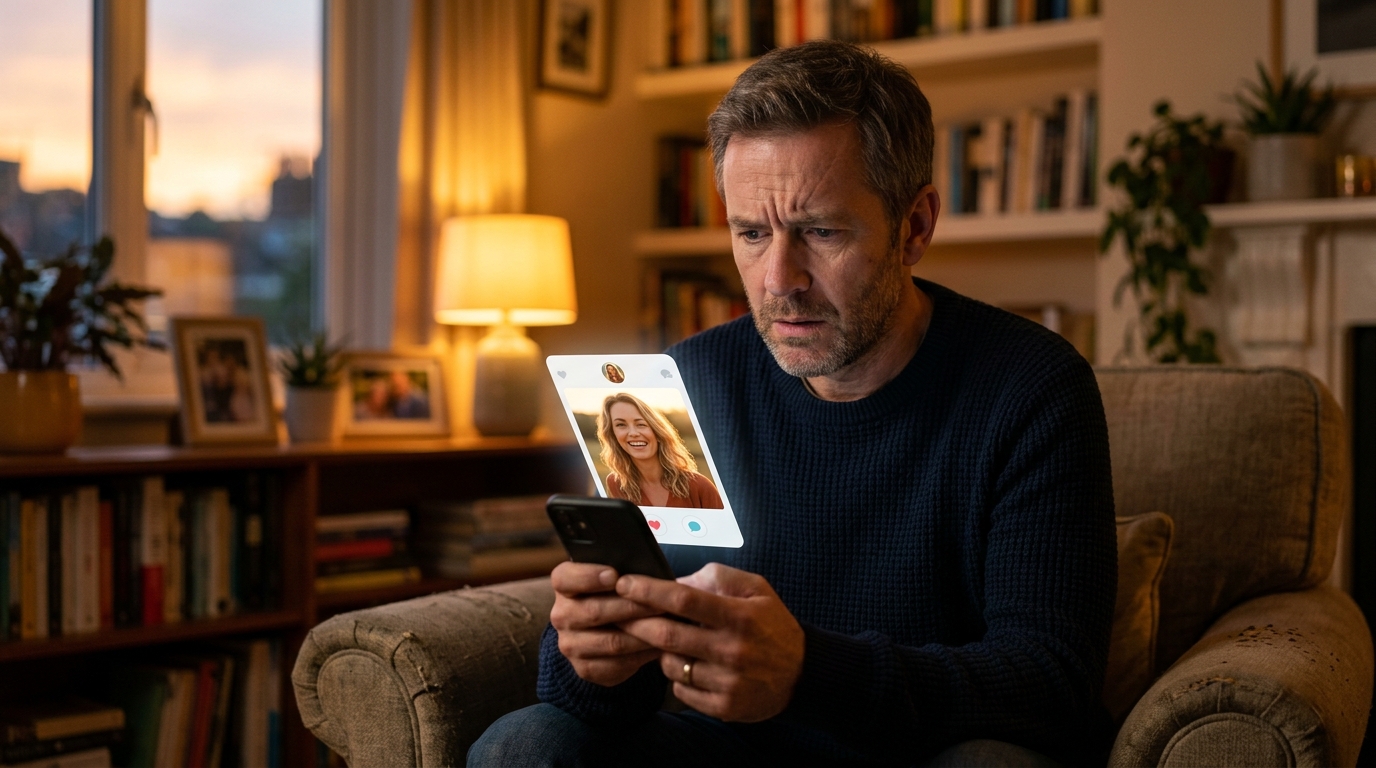 Homme inquiet face à un profil de rencontre sur son téléphone