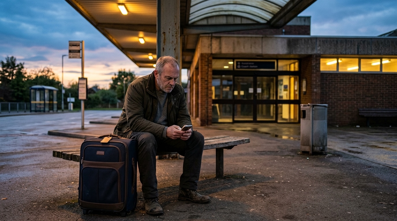 Homme seul avec sa valise devant une gare routière