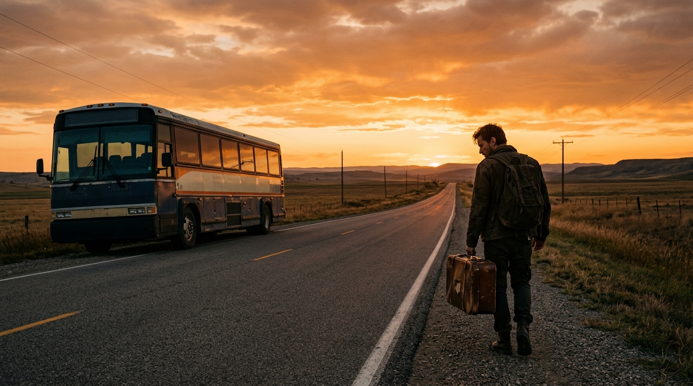 Voyageur solitaire marchant près d'un car au coucher du soleil