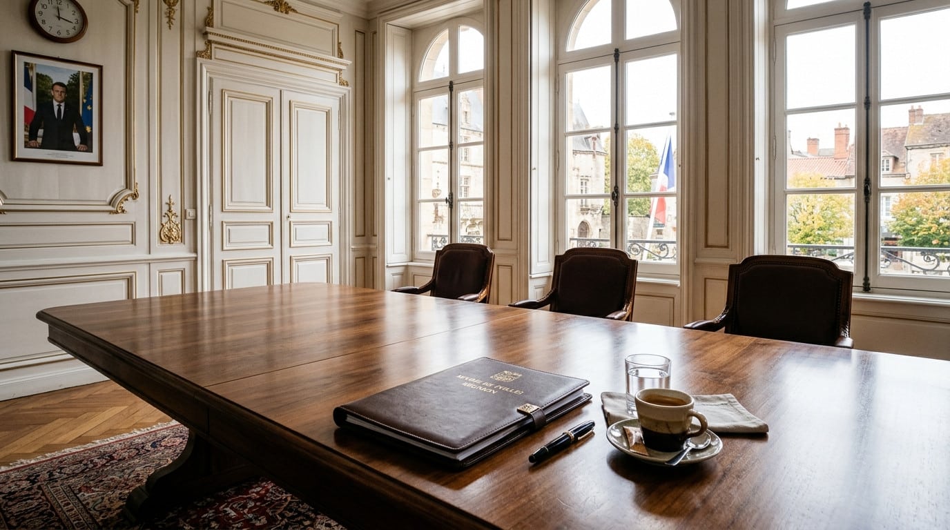 Table de réunion avec dossier fermé et stylo