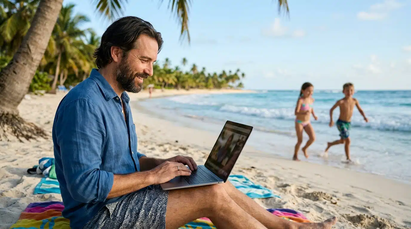 Père voyageur souriant travaillant sur une plage tropicale