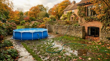 Piscine hors-sol en cours de vidange, tuyau sur pelouse détrempée