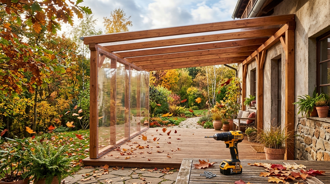 Pergola adossée à une maison avec panneaux vissés sur un côté