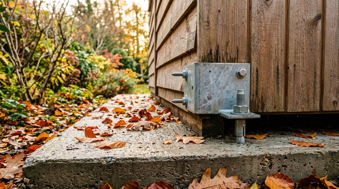 Abri de jardin boulonné sur dalle béton en automne