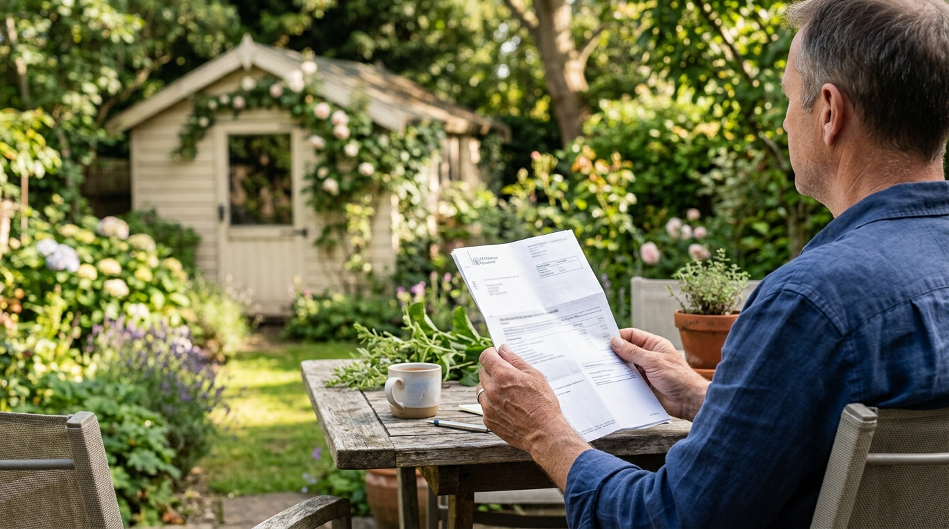 Mains tenant un avis d'impôt devant un abri de jardin