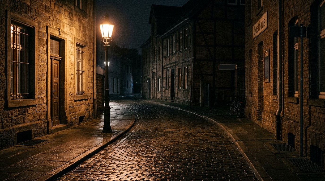 Trottoir désert éclairé la nuit dans une rue allemande