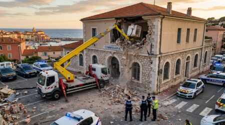 Camion nacelle encastré dans le mur d'un commissariat