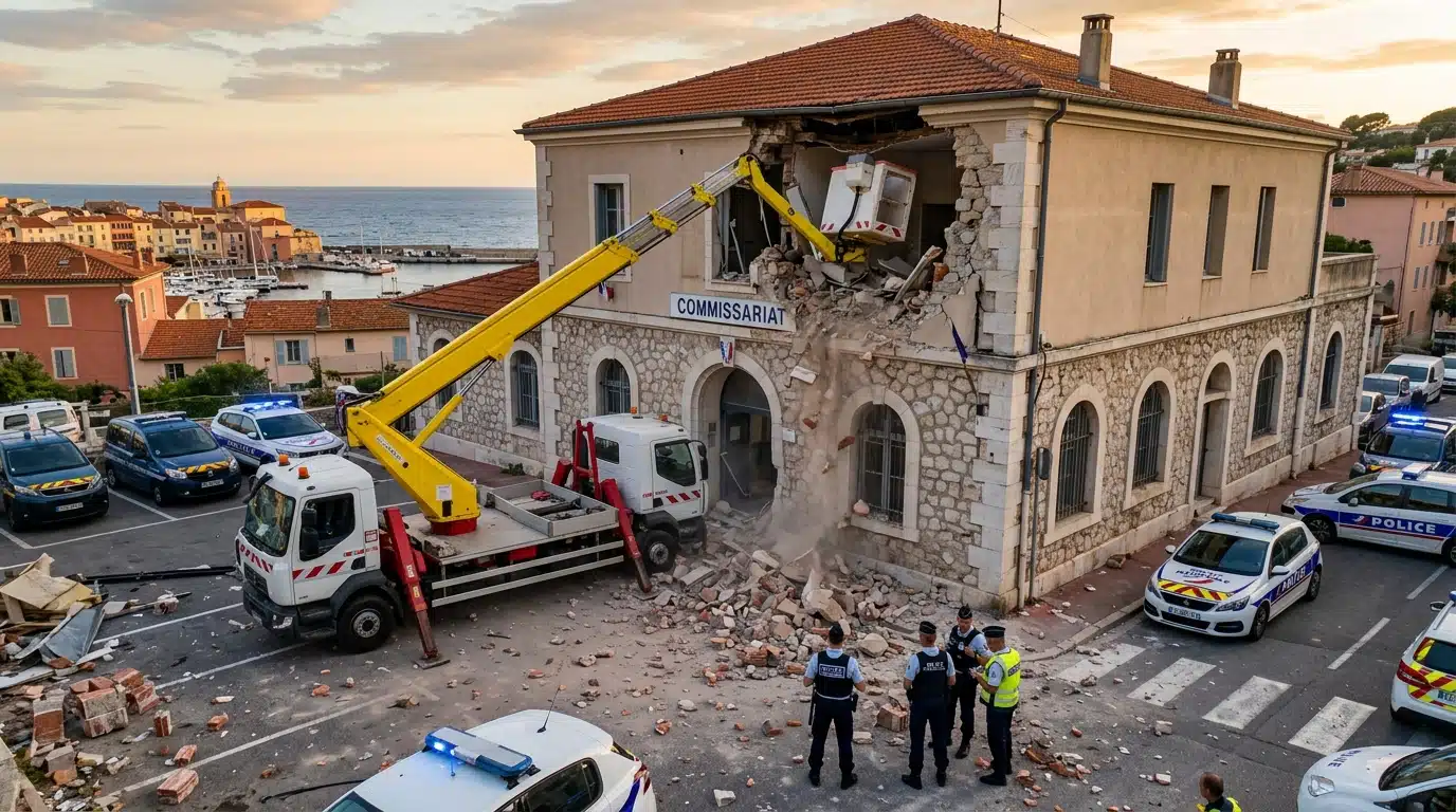 Camion nacelle encastré dans le mur d'un commissariat