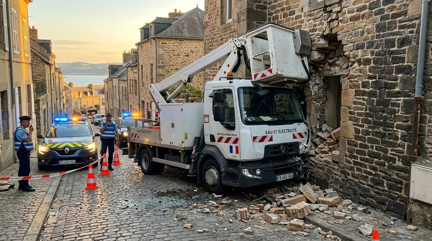 Camion endommagé contre une façade avec gyrophares de police
