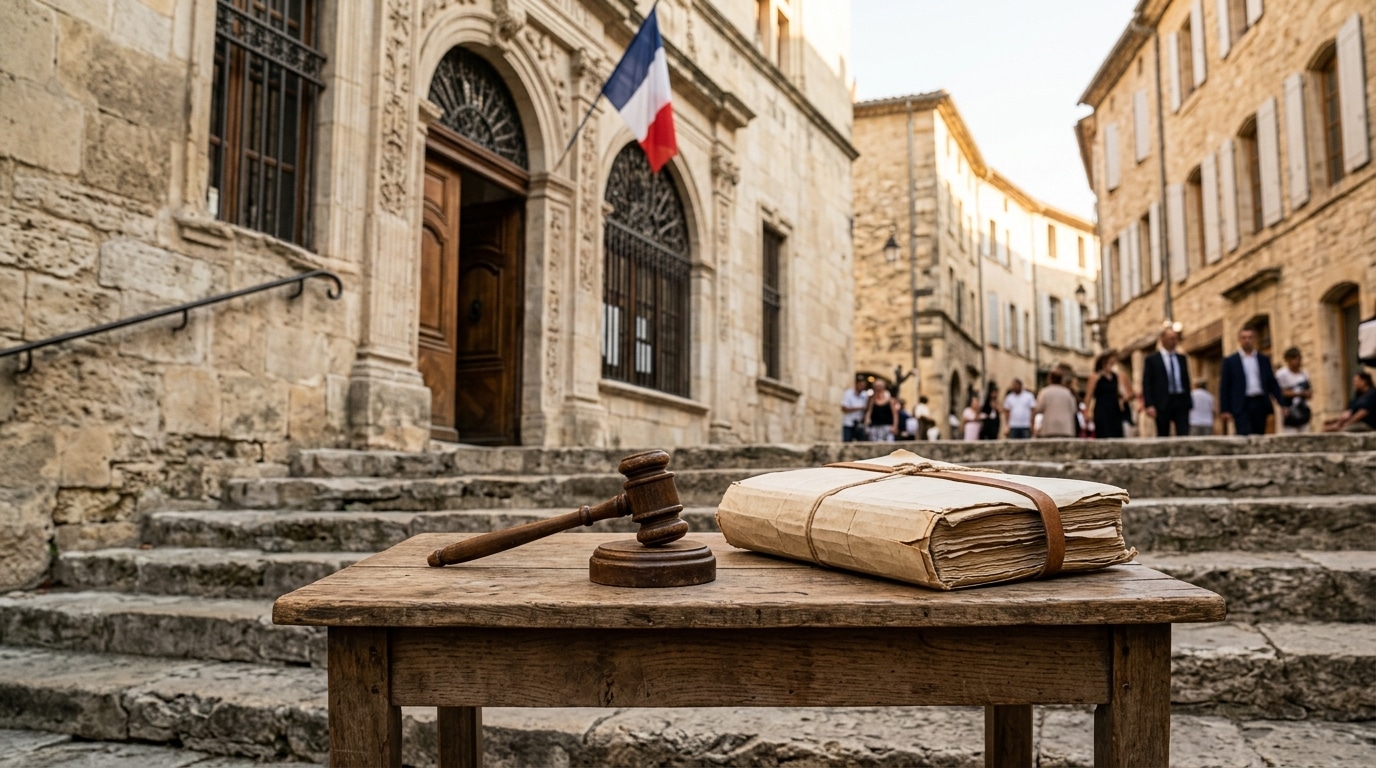 Salle d'audience en lumière chaude, suites judiciaires