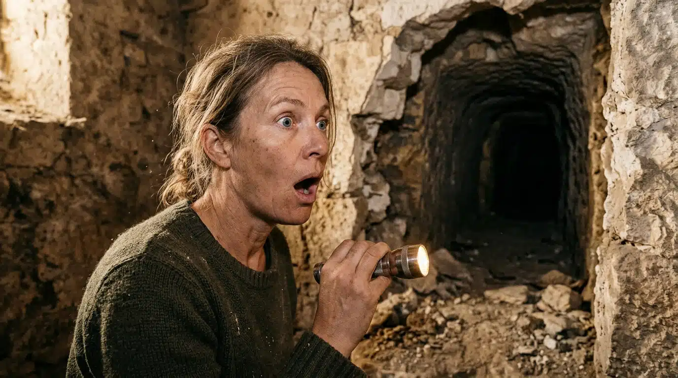 Homme stupéfait avec une lampe devant un mur de cave effondré