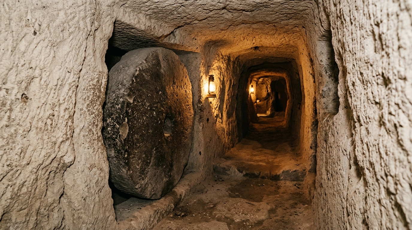 Tunnel de tuf volcanique avec grande porte de pierre ronde