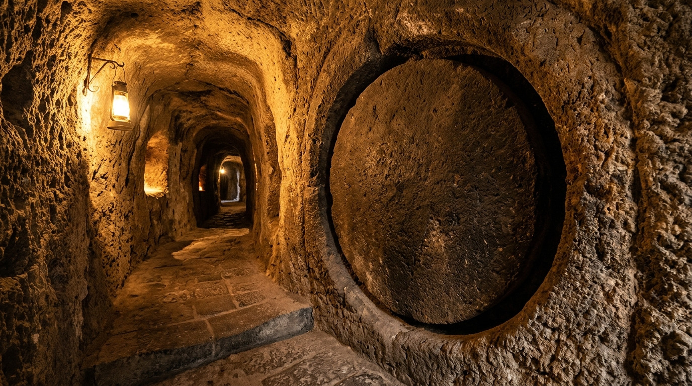 Grande porte de pierre ronde dans un tunnel souterrain