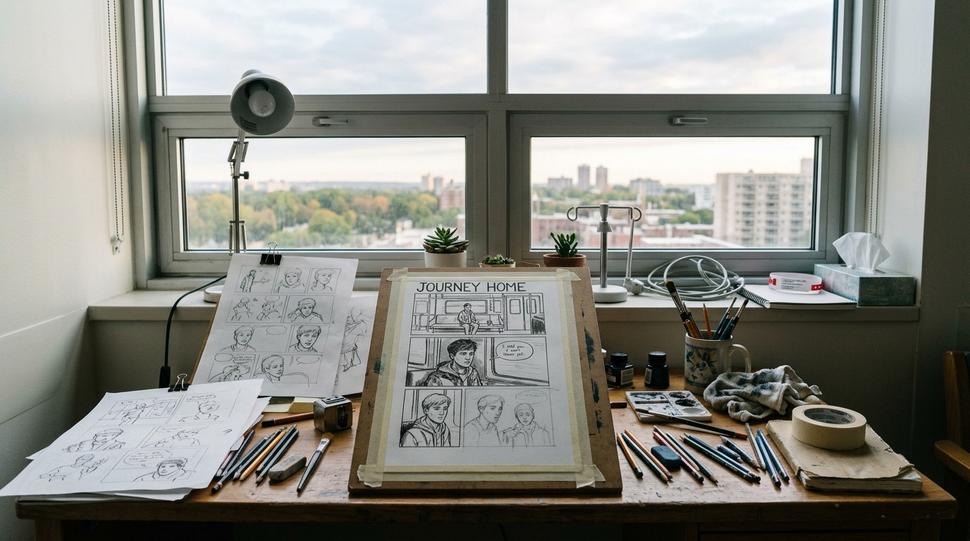 Planches de bande dessinée et crayons sur un bureau près d'une fenêtre d'hôpital