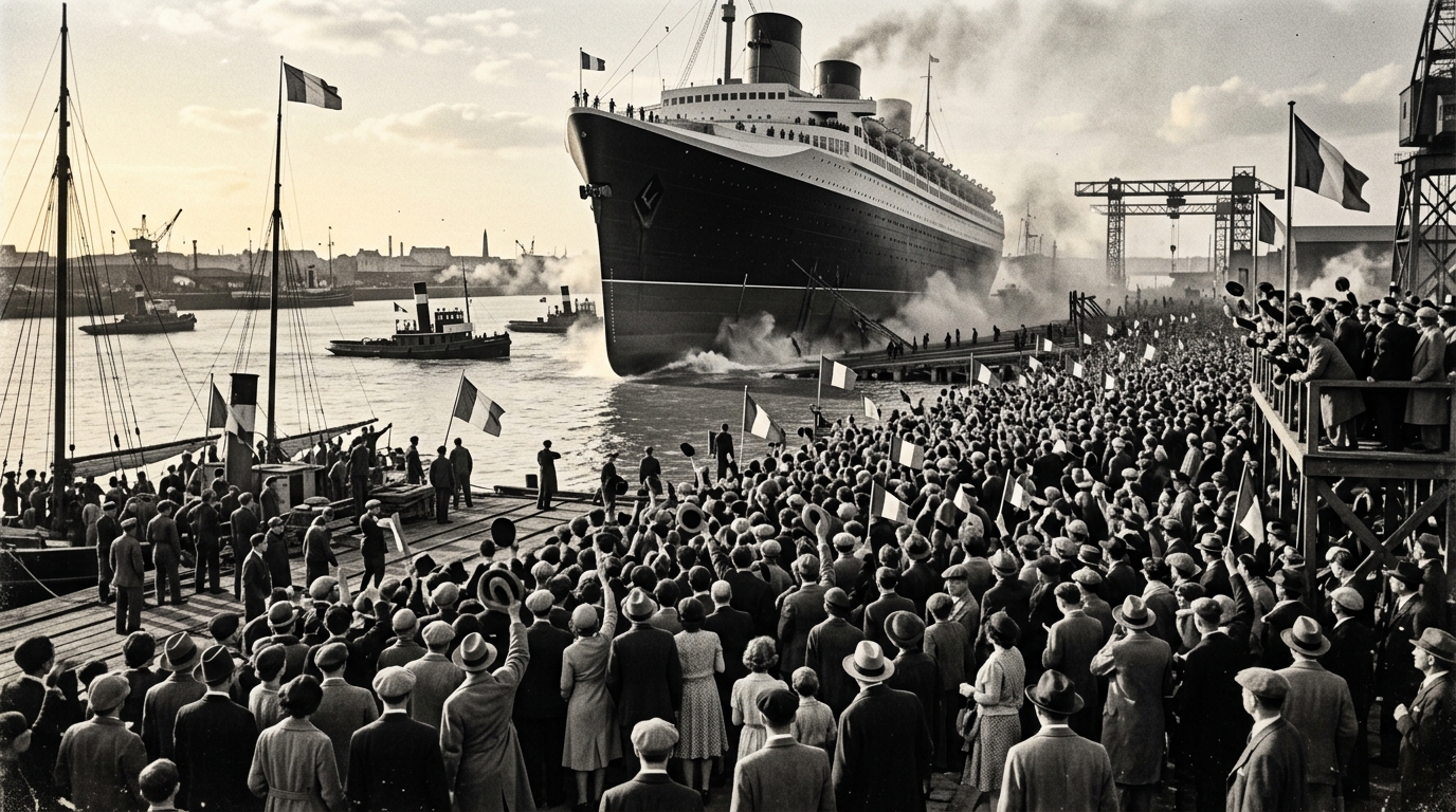 Foule sur les quais de Saint-Nazaire pour le lancement du paquebot