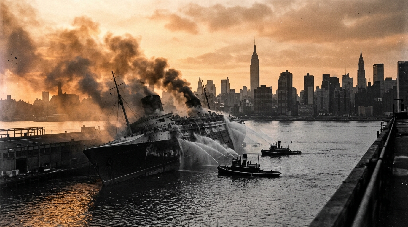 Paquebot couché sur le flanc dans le port de New York