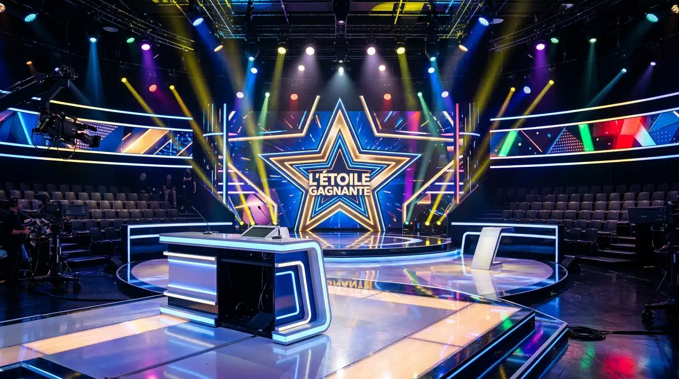 Plateau d'un jeu télévisé en début d'après-midi, avec son décor lumineux et son étoile