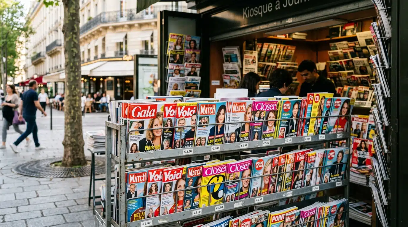 Magazines à sensation alignés dans un kiosque à journaux